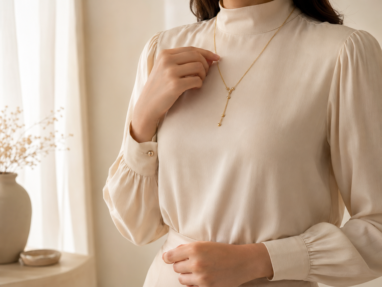 Modestly styled cream blouse with an elegant gold necklace